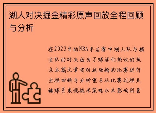 湖人对决掘金精彩原声回放全程回顾与分析