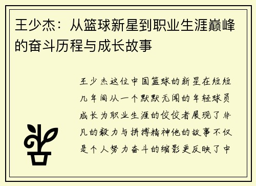 王少杰：从篮球新星到职业生涯巅峰的奋斗历程与成长故事